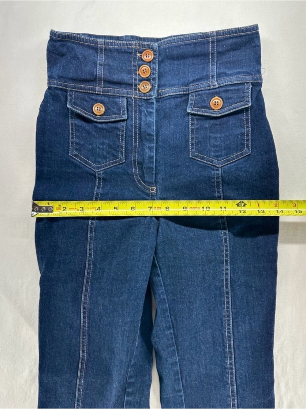Ulla Johnson High Rise Denim Jeans Button Patch Front Pockets Seam Blue Womens 0 - Picture 6 of 11